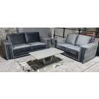 Luxo 3 + 2 Grey Plush Velvet Sofa Set With Studded Arms And Chrome Legs Ex-Display Showroom Model 51065