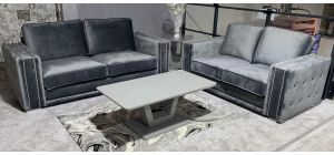 Luxo 3 + 2 Grey Plush Velvet Sofa Set With Studded Arms And Chrome Legs Ex-Display Showroom Model 51065