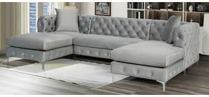 Lario Light Grey Plush Velvet U-Shaped Sectional Corner Sofa With Metal Legs