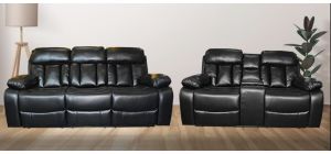Somerton 3 + 2 Black Leathaire Maunal Recliner Sofas With Drinks Holders