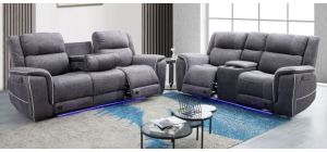 Savannah 3 + 2 Grey Luxury Fabric Electric Recliners With Drinks Holders And Storage With White Pipping And Blue LED Ambient Lighting Plus USB Charging