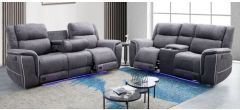 Savannah 3 + 2 Grey Luxury Fabric Electric Recliners With Drinks Holders And Storage With White Pipping And Blue LED Ambient Lighting Plus USB Charging